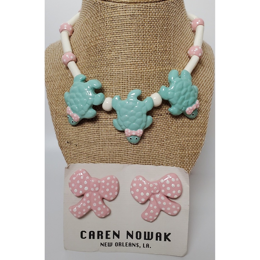Vintage 90's Y2K Caren Nowak Turtle Necklace Pink Polka Dot Bow Earrings Pottery